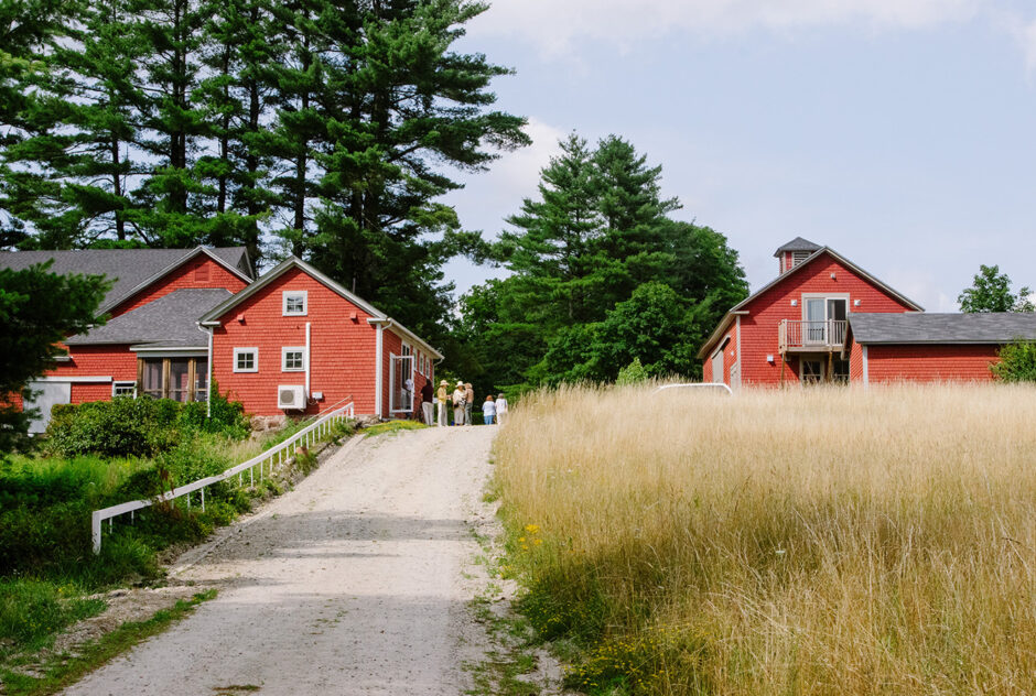 Two red buildings sit on either side of a dirt road atop a small hill. A meadow is seen on the right and on the left, a stand of large pine trees