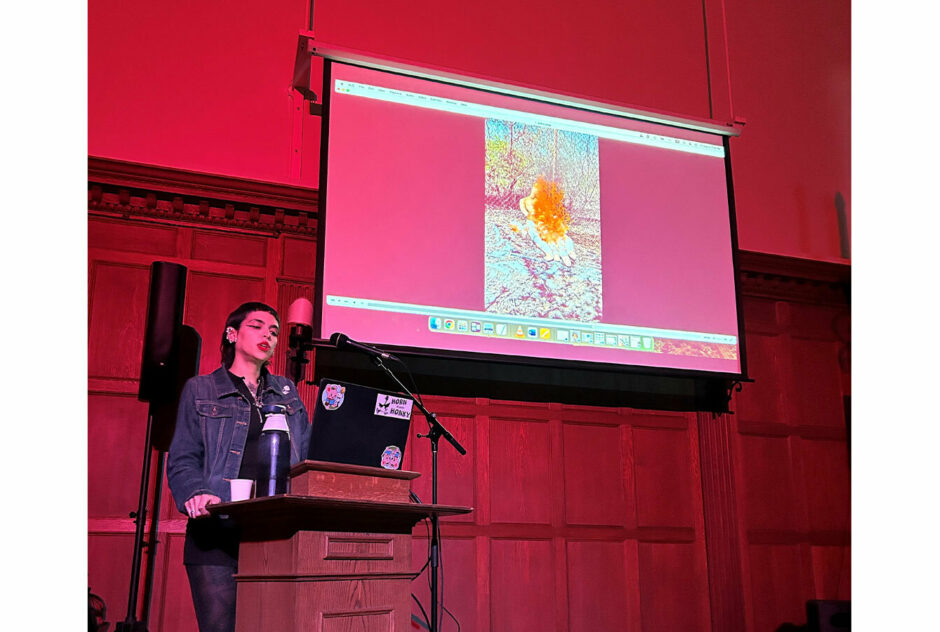 A person stands at a podium at the front of a large room. They are referencing images projected onto a large screen as they deliver their presentation