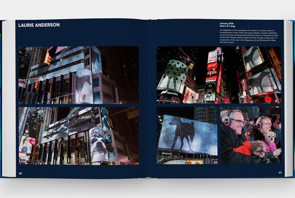 A spread of pages from the book "Midnight Moment: A Decade of Artists in Times Square" featuring the work of Laurie Anderson.