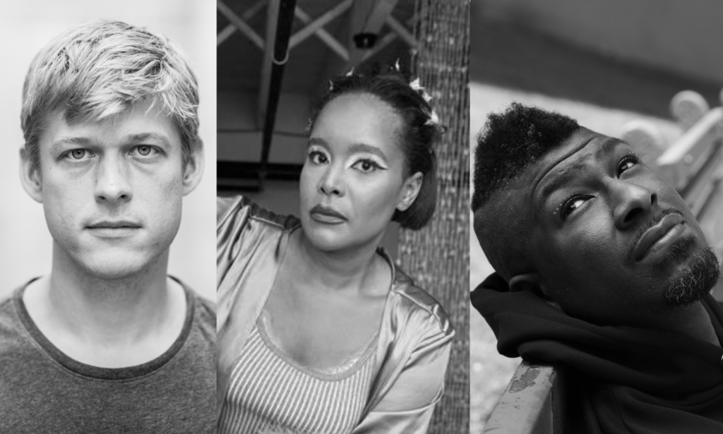 A triptych showing three black-and-white headshots of three artists. Left to right: Peter Burr, Pamela Council, and Kambui Olujimi.