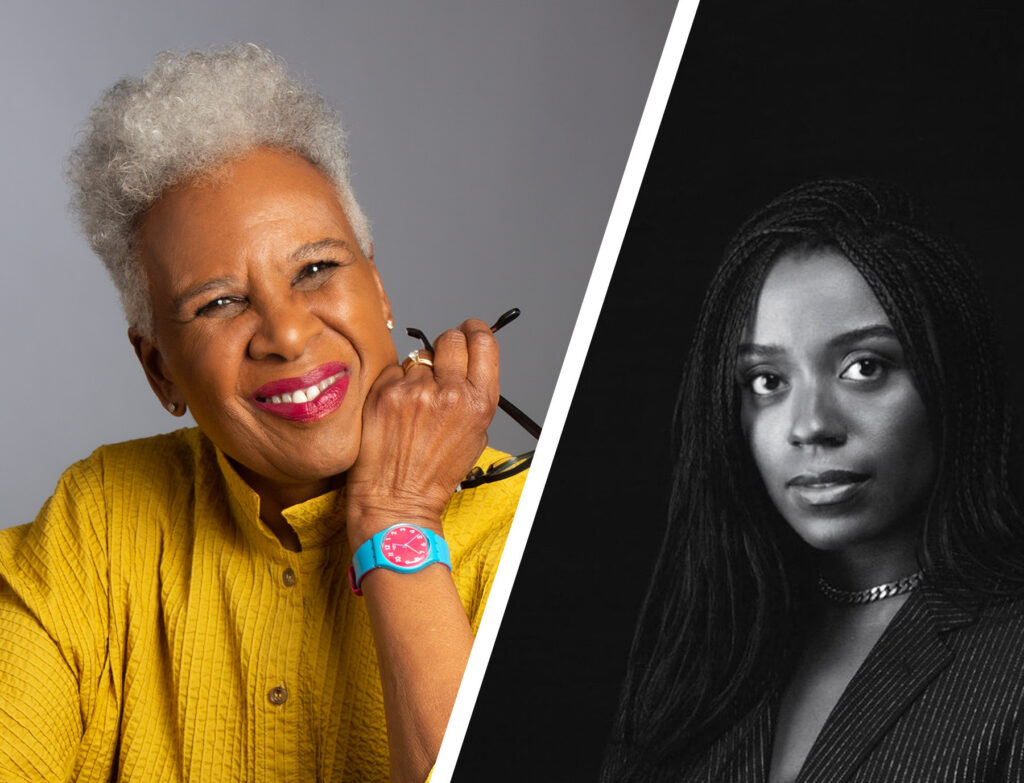 Diagonally split image featuring on left, headshot of a smiling person in a yellow blouse, chin in hand, against a grey backdrop. On right, a black and white headshot of a person wearing a neural facial expression, against a black backdrop.