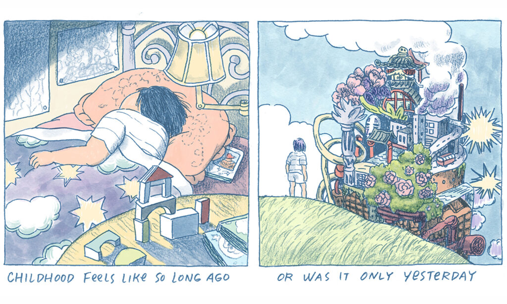 Two panels of a cartoon drawn by Yao Xiao.