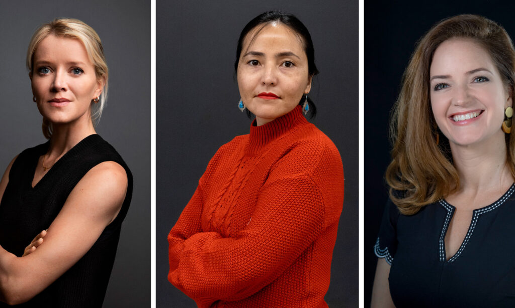 A triptych image featuring on left, a person in a dark sleeveless blouse, turned slightly away from the camera with her arms crossed, against a grey background. At center, a person wearing an orange long-sleeved turtleneck knit turned slightly away from the camera with her arms crossed against a grey background. On right, a person facing the camera, against a dark backdrop.