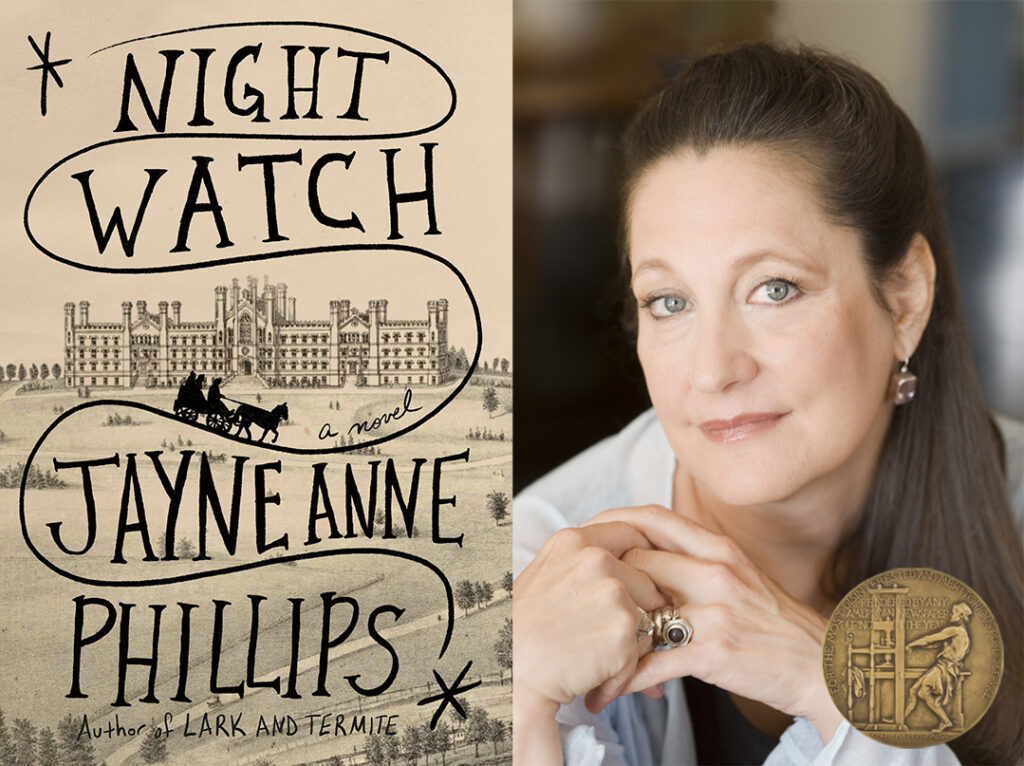 The cover of Jayne Anne Phillips's 2023 novel "Night Watch" is paired side-by-side to a portrait of the author, who looks into the camera with her hands lightly clasped.