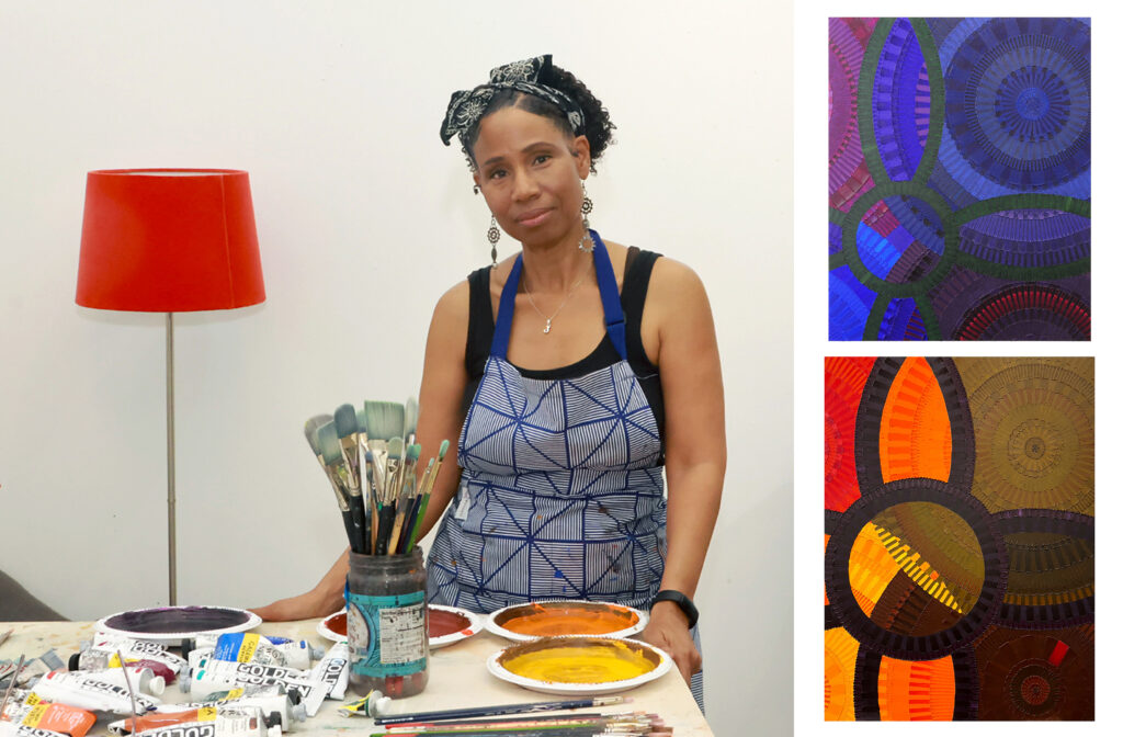 June Edmonds in MacDowell’s Eastman Studio in July 2023 (Joanna Eldredge Morrissey photo), with her works "Benin Indigo" (upper right) and "River Leaf" (lower right).