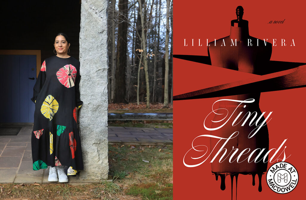 A two-sided image: On the left: A person dressed in a black dress with large flowers sewn onto it leans up against a granite wall, facing the camera and smiling. On the right, an image of the novel "Tiny Threads."