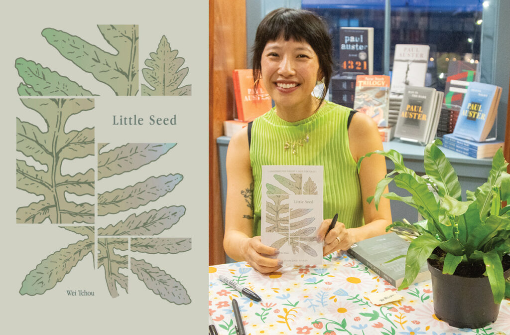 The cover of the memoir "Little Seed" with the author pictured to its right. She sits at a table holding the book and smiling. On the table is a fern.