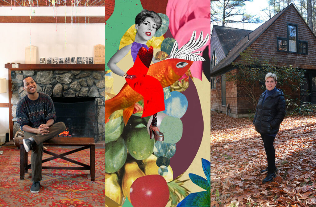 A grid of three images: 1: A person sits on a bench in front of a fireplace, smiling at the camera; 2: a collage featuring a woman and goldfish; 3: a person dressed in black puffy coat in the forest in the fall.