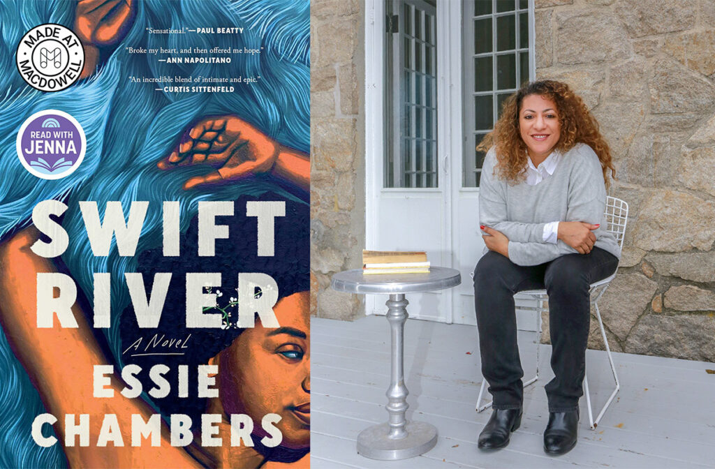 The cover of Essie Chambers debut novel, Swift River, is pictured next to a portrait of the author sitting on a porch.