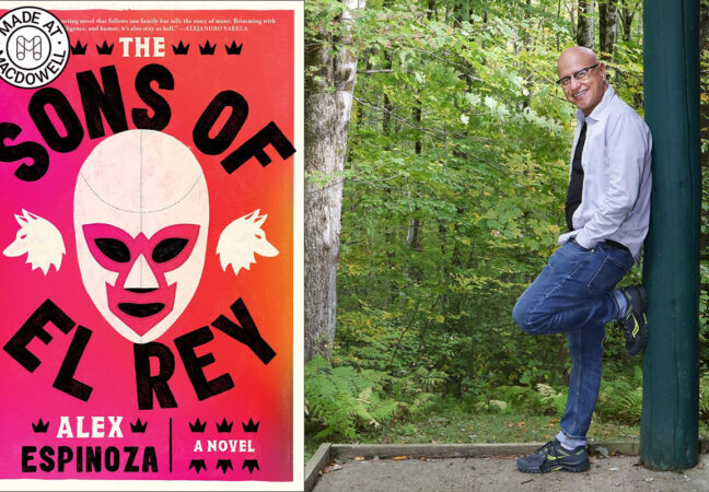 Two images are paired side-by-side: On the left is the cover of Alex Espinoza’s novel THE SONS OF EL REY. On the right is Alex himself. He wears jeans and a blue button-down shirt and leans up against a green support beam in a green forest.