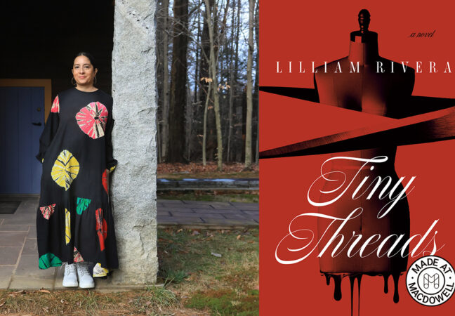 A two-sided image: On the left: A person dressed in a black dress with large flowers sewn onto it leans up against a granite wall, facing the camera and smiling. On the right, an image of the novel "Tiny Threads."