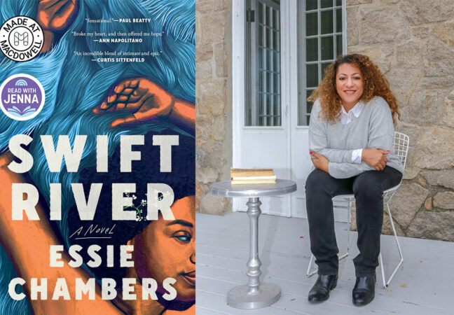 The cover of Essie Chambers debut novel, Swift River, is pictured next to a portrait of the author sitting on a porch.