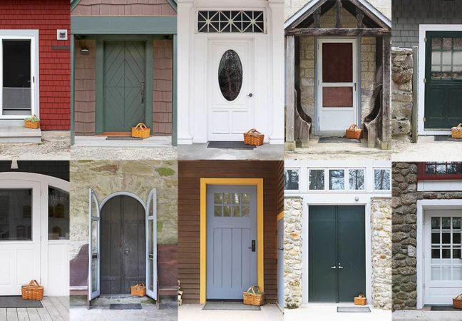 Collage of the MacDowell studio front doors. The collage shows 10 doors