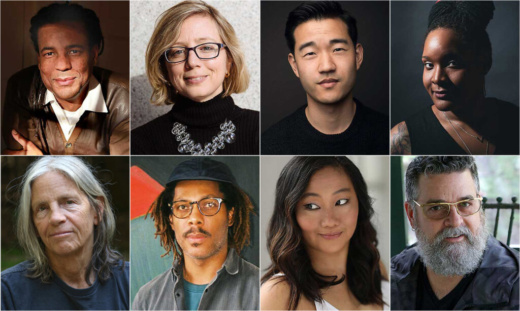 (Clockwise from top left) Colson Whitehead (Joanna Eldredge Morrissey photo), Alexandra Lange (Mark Wickens) Daniel K. Isaac (Luke Fontana Photography), PaviElle French (Sharolyn B. Hagen), Mark Dean Veca (Joanna Eldredge Morrissey), Soomi Kim (Deborah Lopez), Lenard Smith (Mr. Wren), and Eileen Myles (Joanna Eldredge Morrissey).