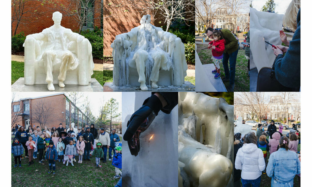 A collage of images: A large white wax sculpture of the Lincoln Memorial sitting on a base in front of a brick building, the same sculpture heavily melted, a group of teachers and adults standing around the sculpture, and various images of people lighting the available wicks on the sculpture.