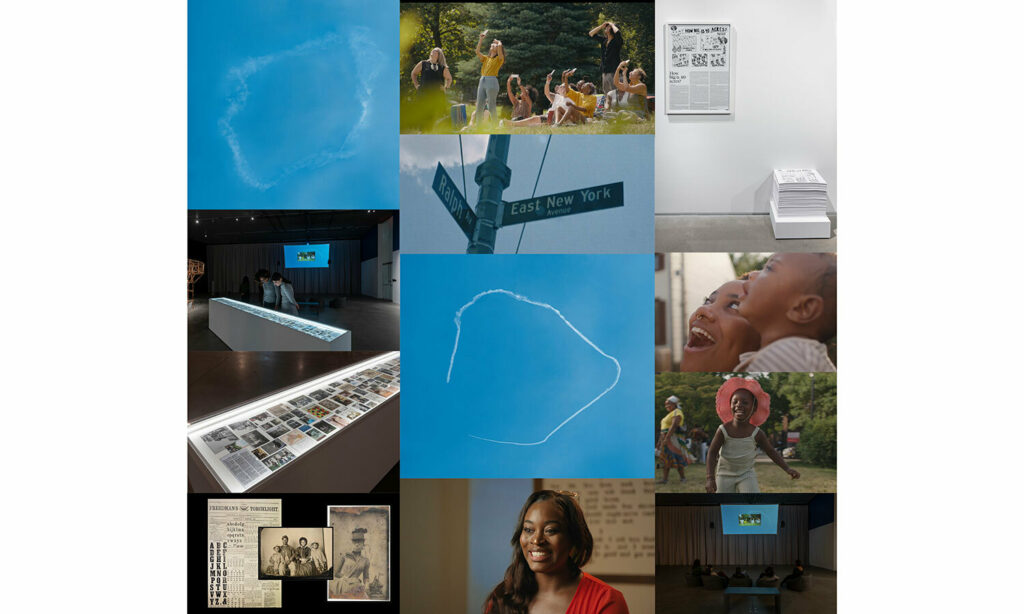 a collage of images: a cloud drawing against a clear blue sky, people looking up in amazement, informational pamphlets (one framed and several a neat pile on the floor), archival images in a lit vitrine and a projected film hanging in the background.