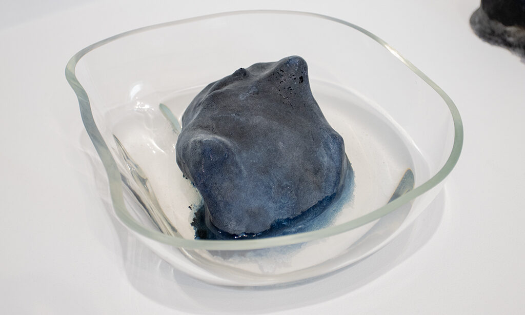 A black, gray, and navy sculpture in a glass bowl full of water