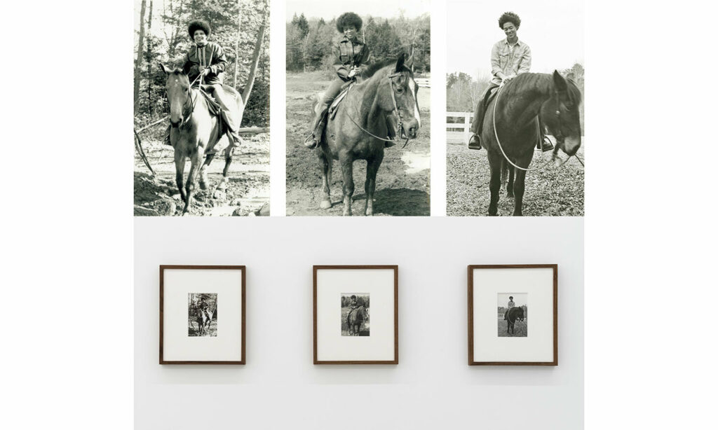 Three framed portraits in a row depicting the artist, their mother, and their grandmother; all riding horses in different terrains.