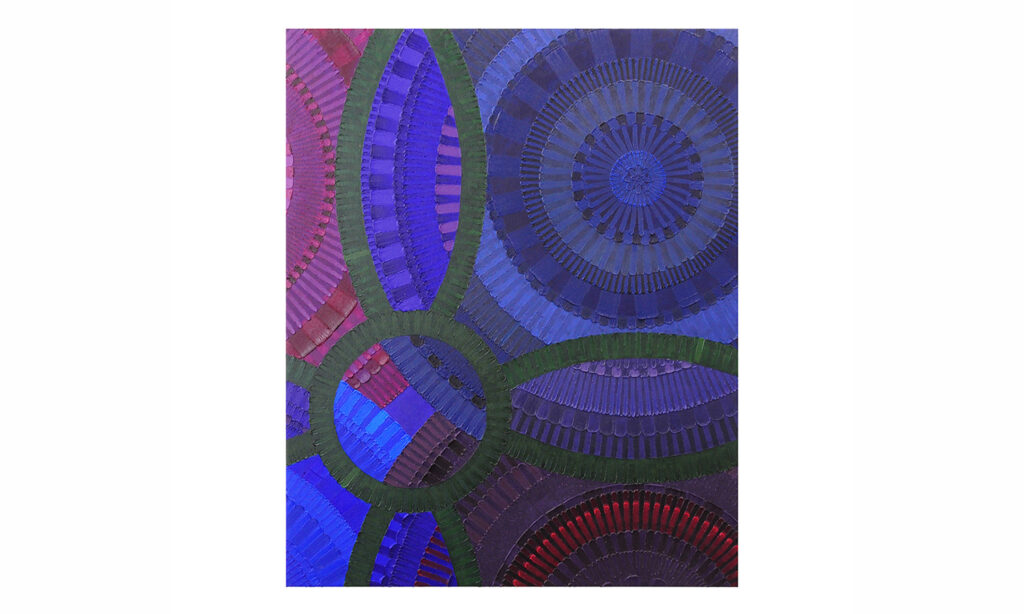 A indigo and purple painting of an abstraction of a leaf featuring bold lines and circular designs