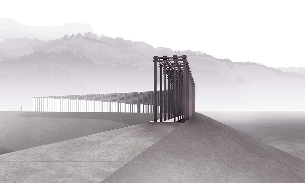 A black and white architectural rendering by Robert Hutchison Architecture of a cenotaph to pay tribute to victims of the Great East Japan Earthquake, Unosumai, Iwate, Japan,