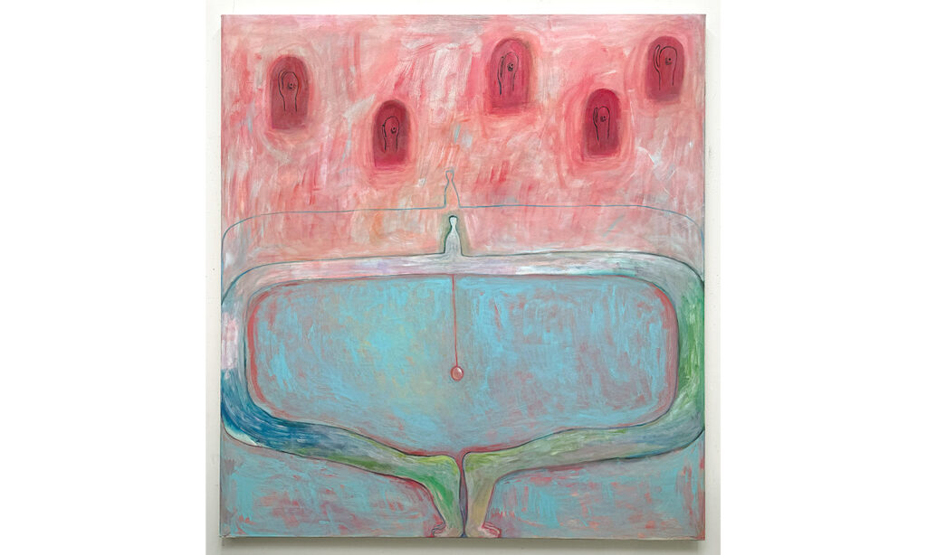 a large oil painting, mostly pink with some teal, with a crouching line drawn double figure and 5 tree heads above